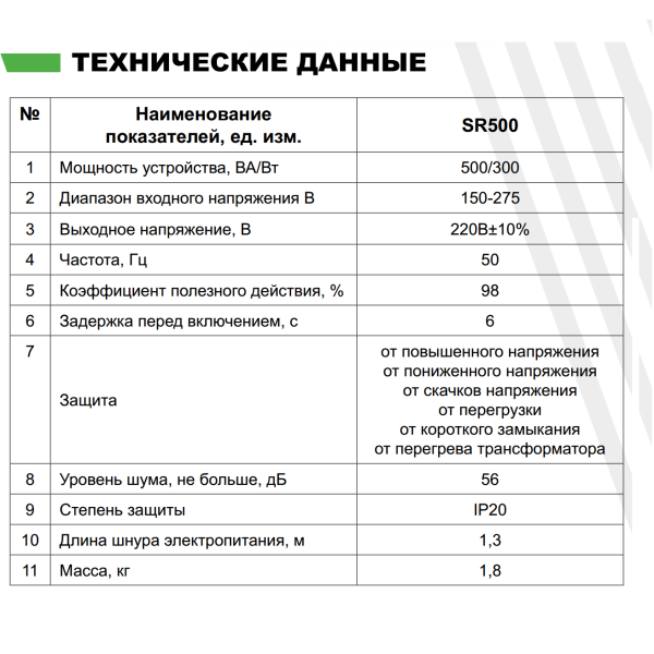 Стабилизатор напряжения SR 500 (300 Вт) "ARUNA"