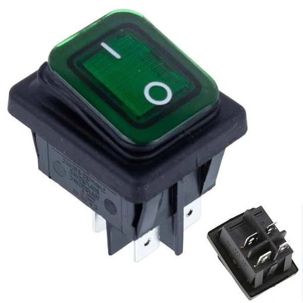 Кнопка FiLN KCD4 (250V, 16A) 4 контакти, із захистом, зелена