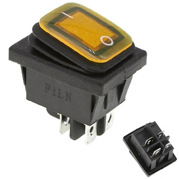 Кнопка FiLN KCD4 (250V, 16A) 4 контакта, с защитой, желтая