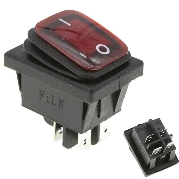 Кнопка FiLN KCD4 (250V, 16A) на 4 контакта, с защитой, красная
