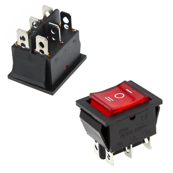 Кнопка KCD4 (250V, 15/30A) широкая красная, 3 позиции, 6 контактов