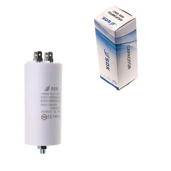 Конденсатор CBB60 45 мкФ 450V, с болтом