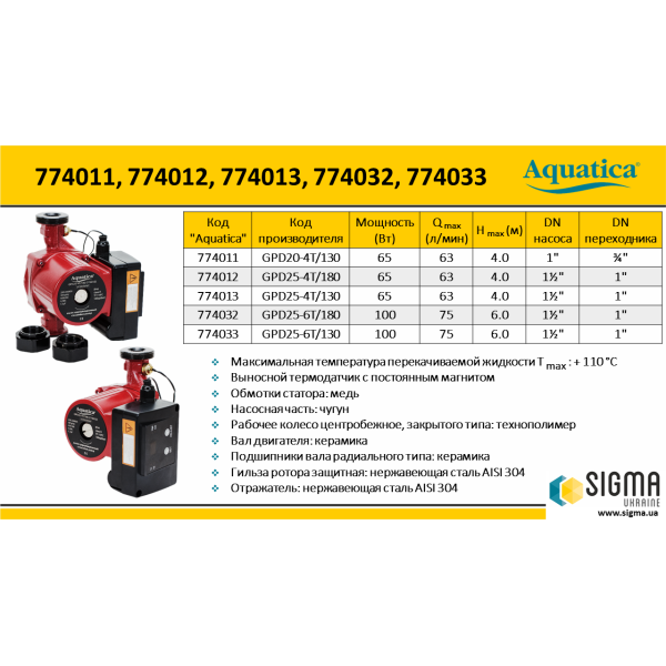 Насос циркуляционный с термодатчиком 100Вт Hmax 6м Qmax 75л/мин Ø1½" 130мм + гайки Ø1" AQUATICA