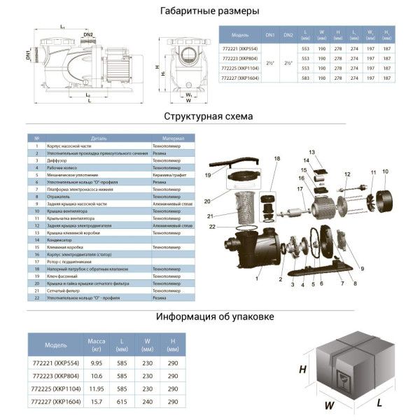 Насос для бассейна 1.1кВт Hmax 15.2м Qmax 350л/мин LEO XKP1104