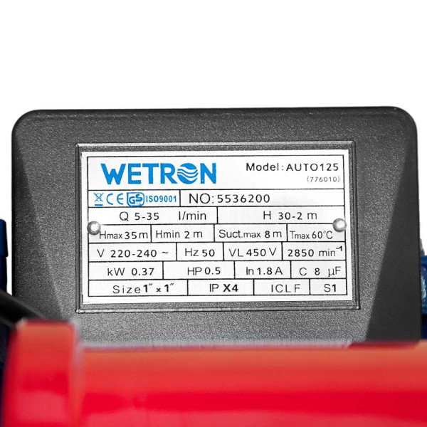 Станция 0.37 кВт Hmax 35 м Qmax 35 л/мин 1л WETRON AUTOGP125Z