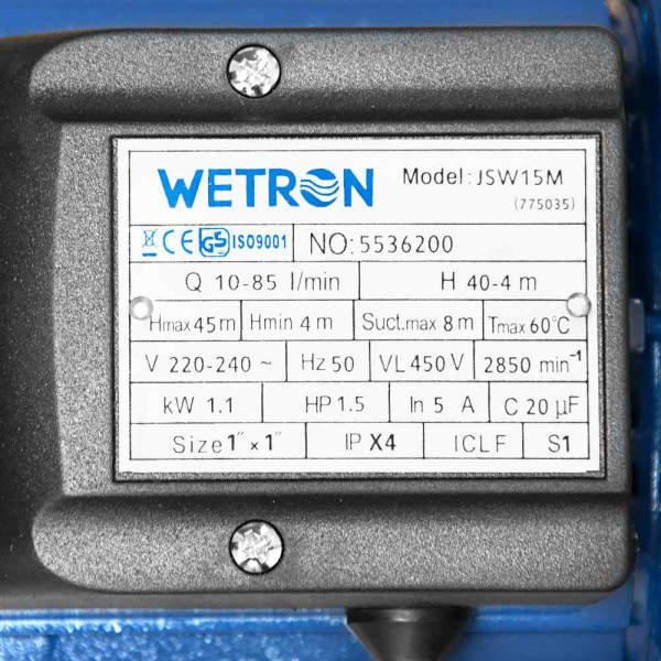 Насос відцентровий самовсмоктуючий 1.1кВт Hmax 45м Qmax 85л/хв WETRON JSW15M