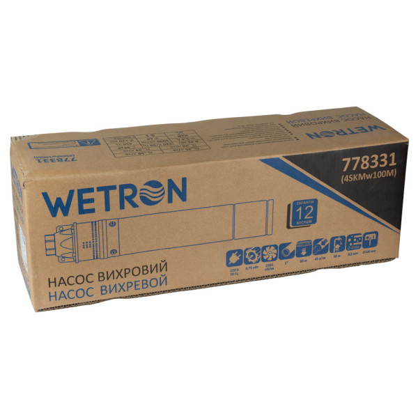 Насос вихревой 0.75кВт H 58(34)м Q 45(20)л/мин Ø96мм 10м кабеля WETRON 4SKmw100M