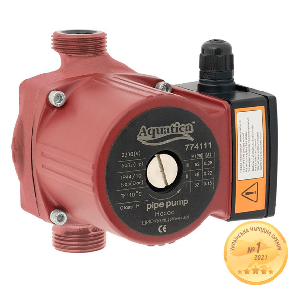 Насос циркуляційний 65Вт Hmax 4м Qmax 63л/хв Ø1½" 180мм+гайки Ø1" AQUATICA