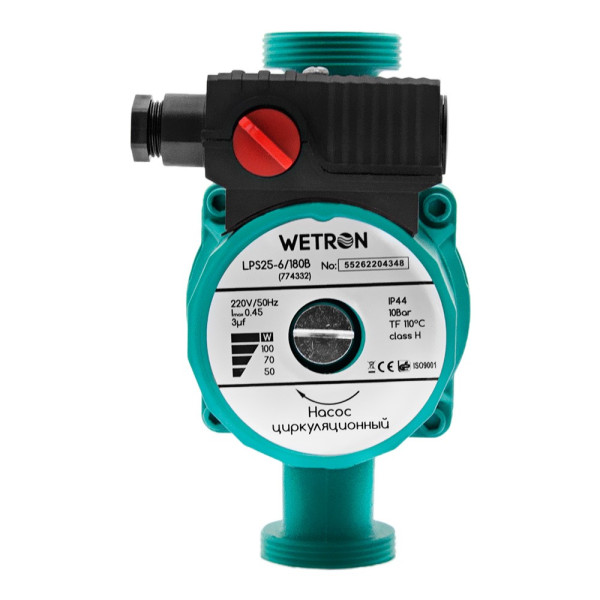 Насос циркуляционный 75Вт Hmax 4м Qmax 40л/мин Ø1 1/2" 180мм зел + гайки Ø1 WETRON LР525–4/180С