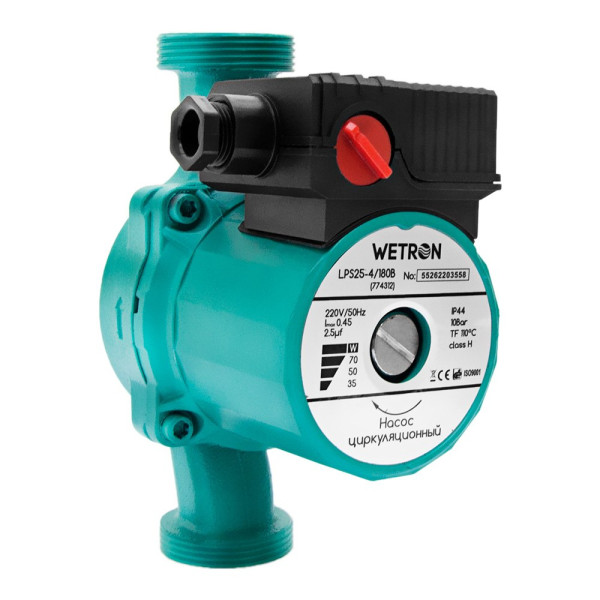Насос циркуляционный 75Вт Hmax 4м Qmax 40л/мин Ø1 1/2" 180мм зел + гайки Ø1 WETRON LР525–4/180С
