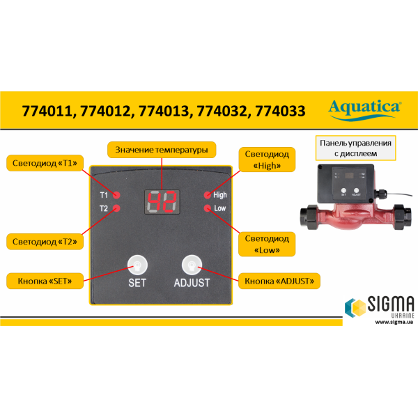 Насос циркуляційний з термодатчиком 65Вт Hmax 4м Qmax 63л/хв Ø1" 130мм+гайки Ø¾" AQUATICA