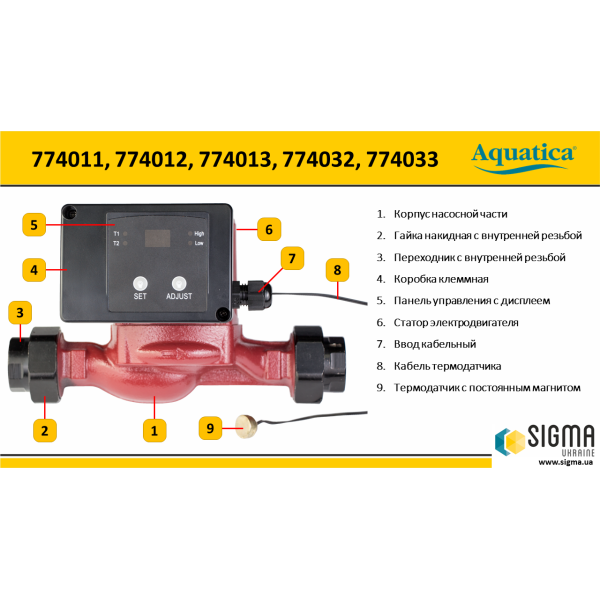 Насос циркуляційний з термодатчиком 65Вт Hmax 4м Qmax 63л/хв Ø1" 130мм+гайки Ø¾" AQUATICA