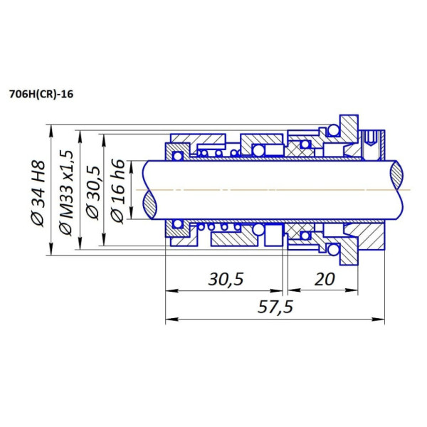 Торцеве ущільнення, тип 706H(CR) 16, SIC/SIC, VITON, 304